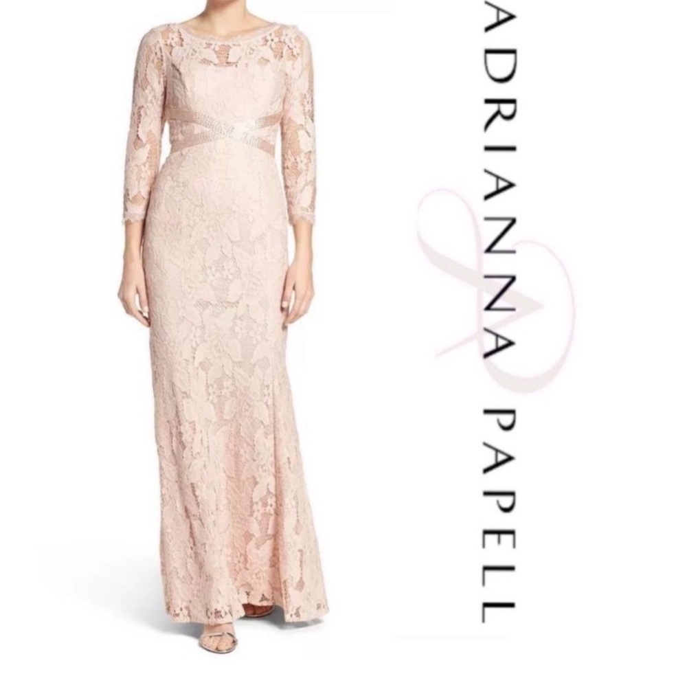 Adrianna Papell Blush Lace Maxi Dress with Beaded Waist mother of the bride